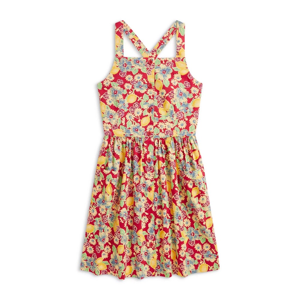 Polo Ralph Lauren Girls Red Lemon Floral Slub Dress Size 10 New‎